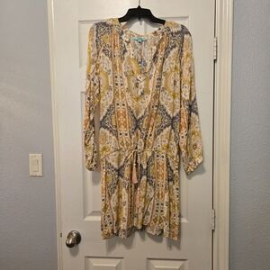 Karlie Yellow, Blue & Cream Printed Tie-Waist Midi Dress